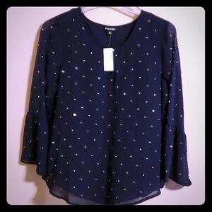 Sheer bell sleeve NWT blouse rhinestone navy